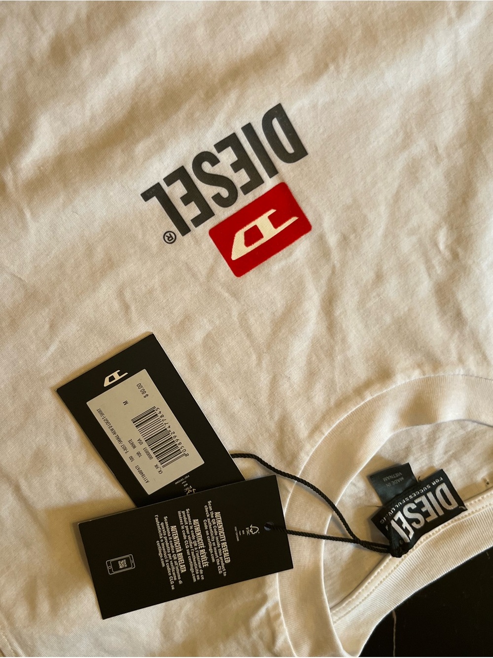 Diesel White Short-Sleeve Logo Crew T-Shirt with Red Emblem